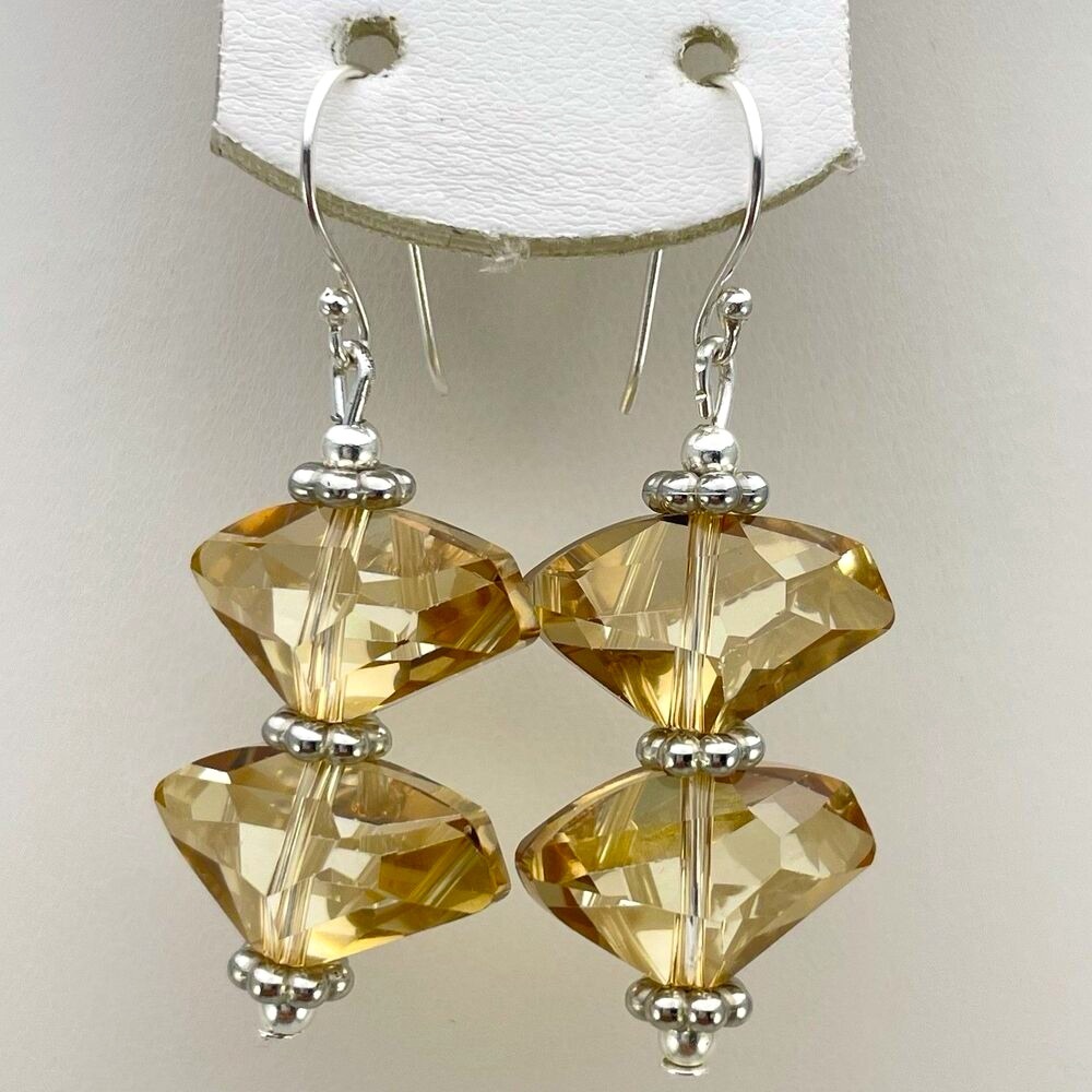 Made With Swarovski Crystals Champagne Beaded Sterling Silver Earrings Dangle